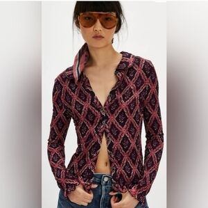 Free People Long-Sleeve Button-Down Top in Burgundy and Pink Print